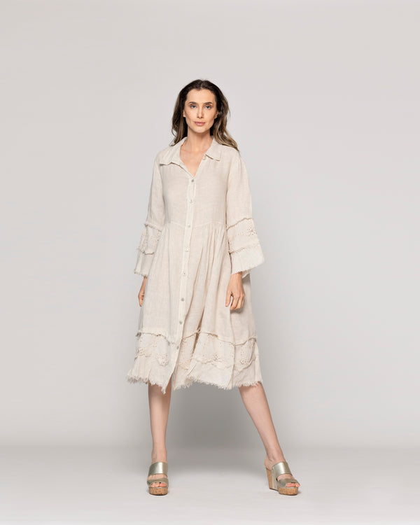 Vestido Mujer Virginia Largo De Lino Con Botones Beige Lineatre