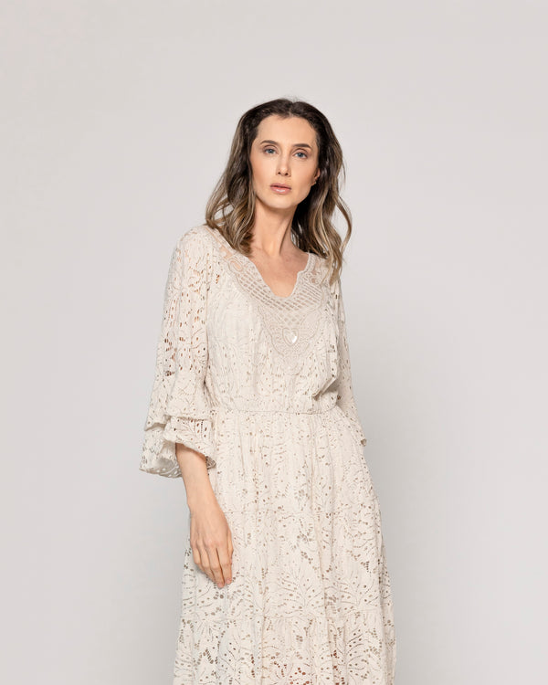Vestido Mujer Verena Encaje Y Detalles De Lentejuelas Beige Lineatre
