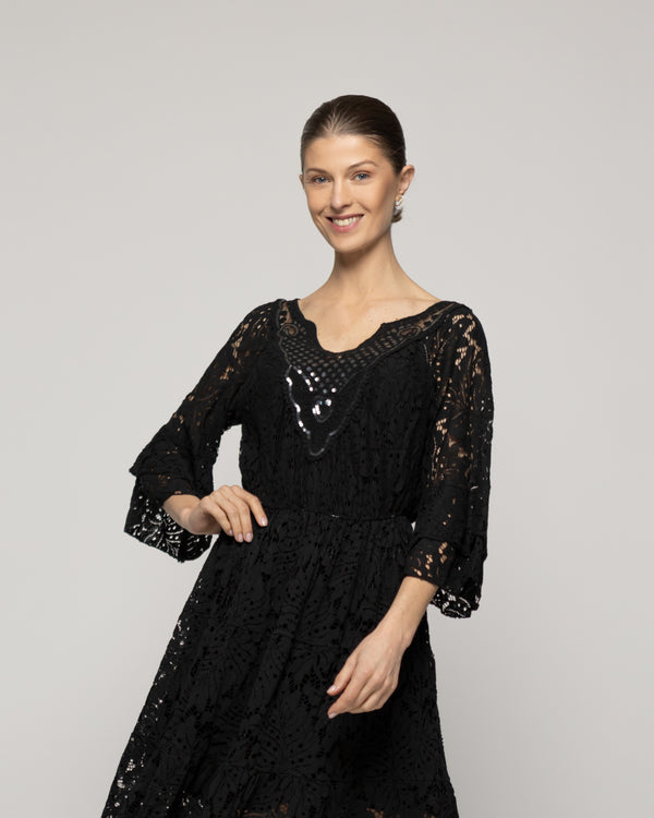 Vestido Mujer Verena Encaje Y Detalles De Lentejuelas Negro Lineatre