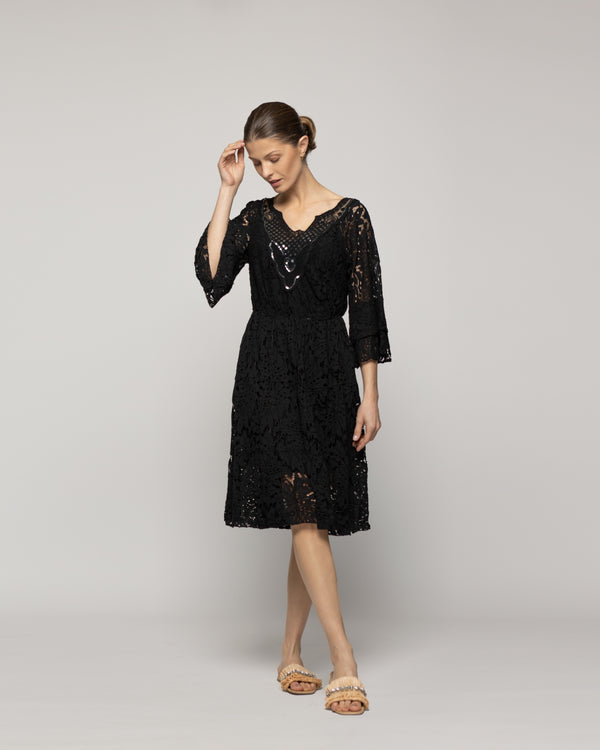 Vestido Mujer Verena Encaje Y Detalles De Lentejuelas Negro Lineatre