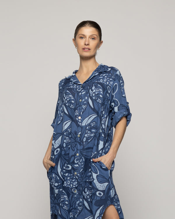 Vestido Mujer Carmen De Lino Con Estampado Azul Y Blanco Lineatre