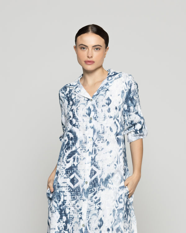 Vestido Mujer Carmen De Lino Con Estampado Blanco y Azul Lineatre