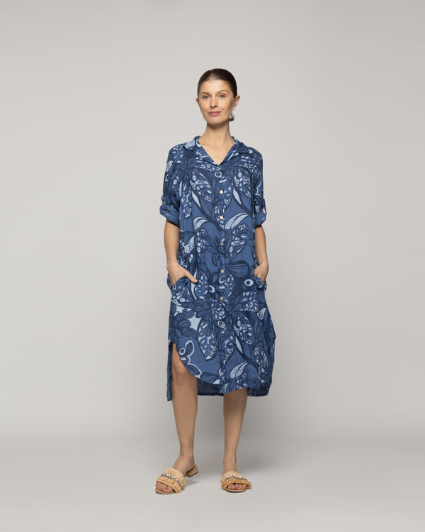 Vestido Mujer Carmen De Lino Con Estampado Azul Y Blanco Lineatre