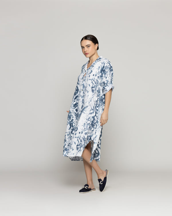 Vestido Mujer Carmen De Lino Con Estampado Blanco y Azul Lineatre