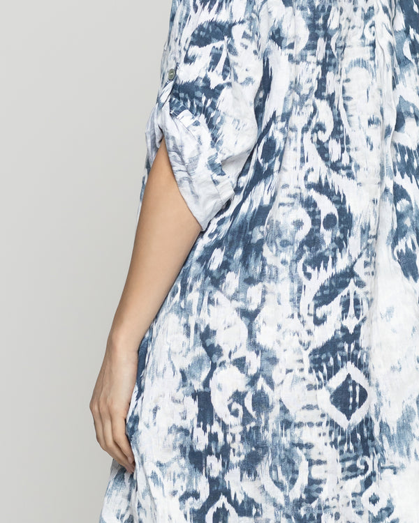 Vestido Mujer Carmen De Lino Con Estampado Blanco y Azul Lineatre