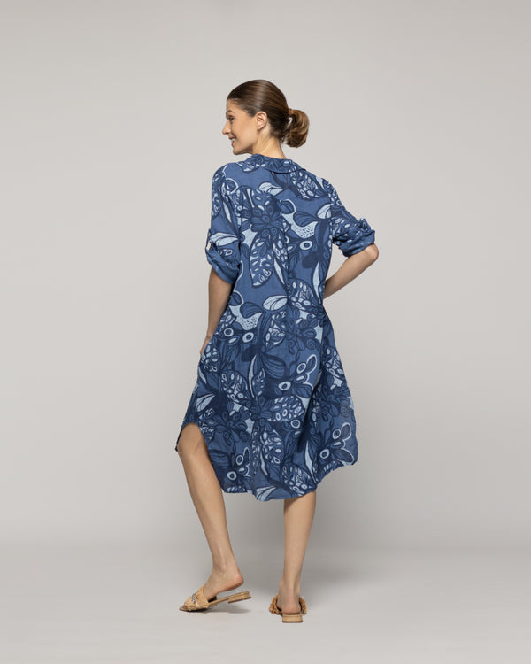 Vestido Mujer Carmen De Lino Con Estampado Azul Y Blanco Lineatre