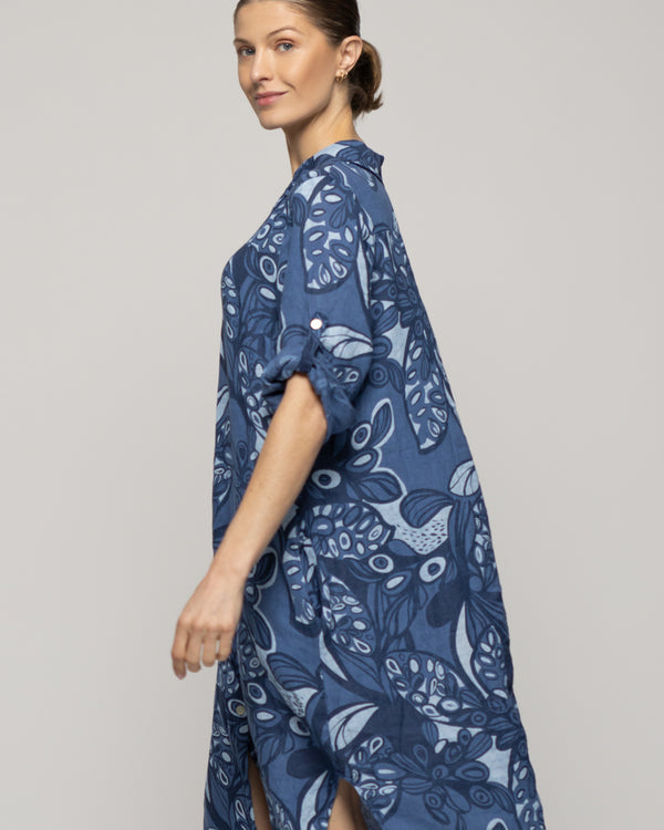 Vestido Mujer Carmen De Lino Con Estampado Azul Y Blanco Lineatre