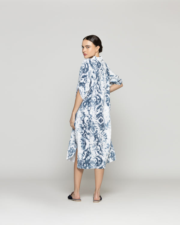 Vestido Mujer Carmen De Lino Con Estampado Blanco y Azul Lineatre