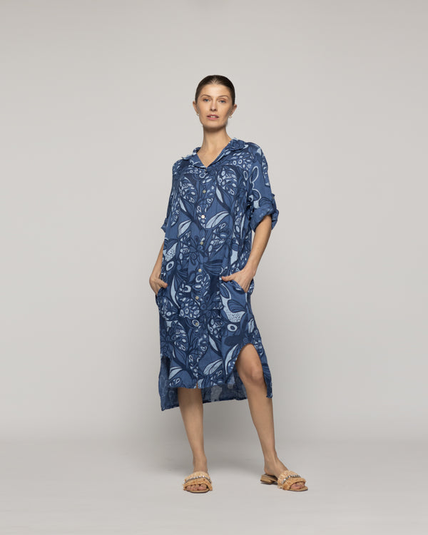 Vestido Mujer Carmen De Lino Con Estampado Azul Y Blanco Lineatre