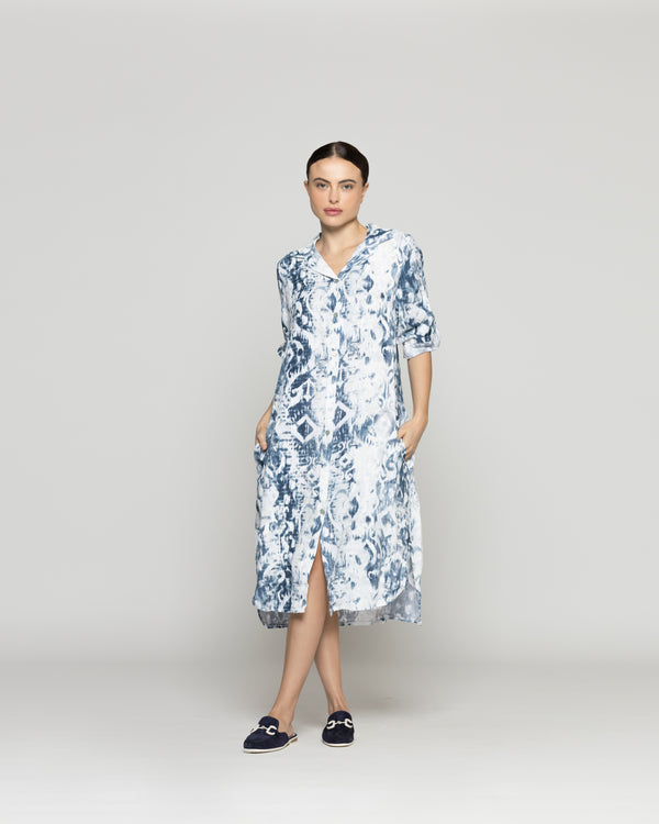 Vestido Mujer Carmen De Lino Con Estampado Blanco y Azul Lineatre