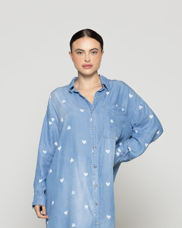 Vestido Mujer Valery Camisero Denim Celeste Con Corazones Lineatre