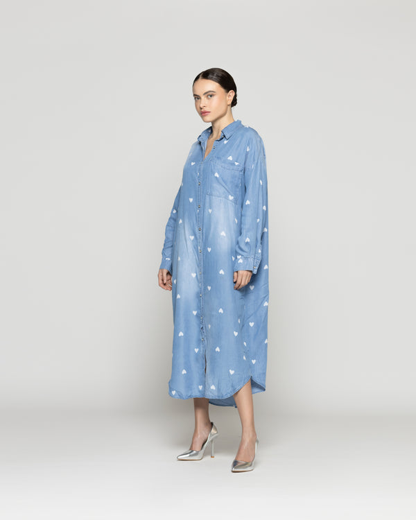 Vestido Mujer Valery Camisero Denim Celeste Con Corazones Lineatre