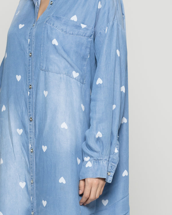 Vestido Mujer Valery Camisero Denim Celeste Con Corazones Lineatre