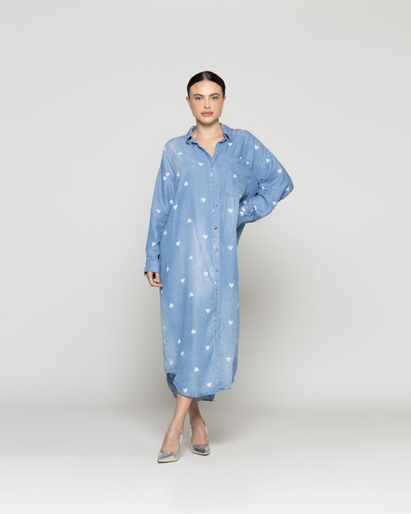 Vestido Mujer Valery Camisero Denim Celeste Con Corazones Lineatre