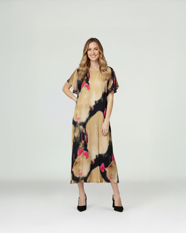 Vestido Mujer Alessandrina Relaxed fit Cuello redondo Manga corta acampada Beige Lineatre