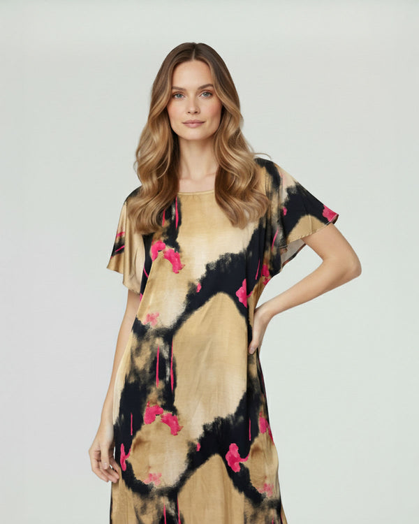 Vestido Mujer Alessandrina Relaxed fit Cuello redondo Manga corta acampada Beige Lineatre