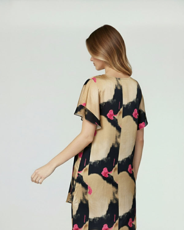 Vestido Mujer Alessandrina Relaxed fit Cuello redondo Manga corta acampada Beige Lineatre
