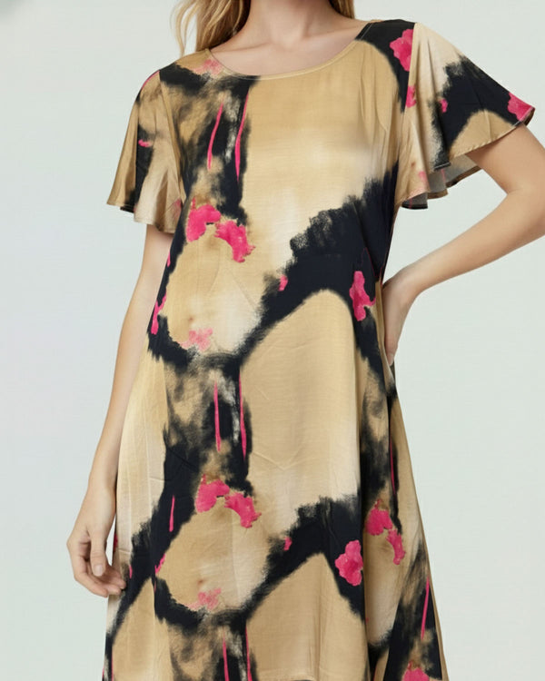 Vestido Mujer Alessandrina Relaxed fit Cuello redondo Manga corta acampada Beige Lineatre