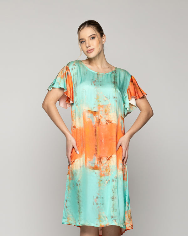 Vestido Mujer Vicenza Manga Corta Naranja Y Verde Agua