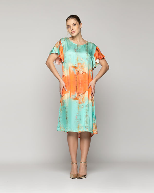 Vestido Mujer Vicenza Manga Corta Naranja Y Verde Agua