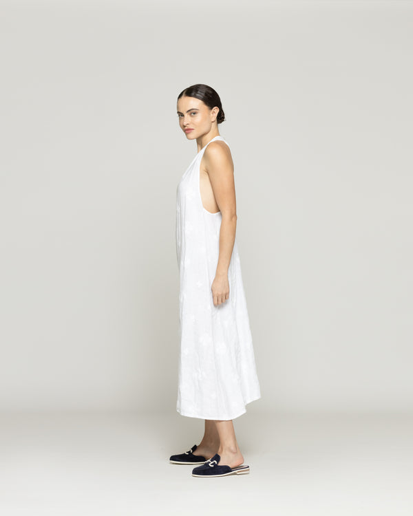 Vestido Mujer Valeria Lino Bordado Escote Halter Blanco Lineatre