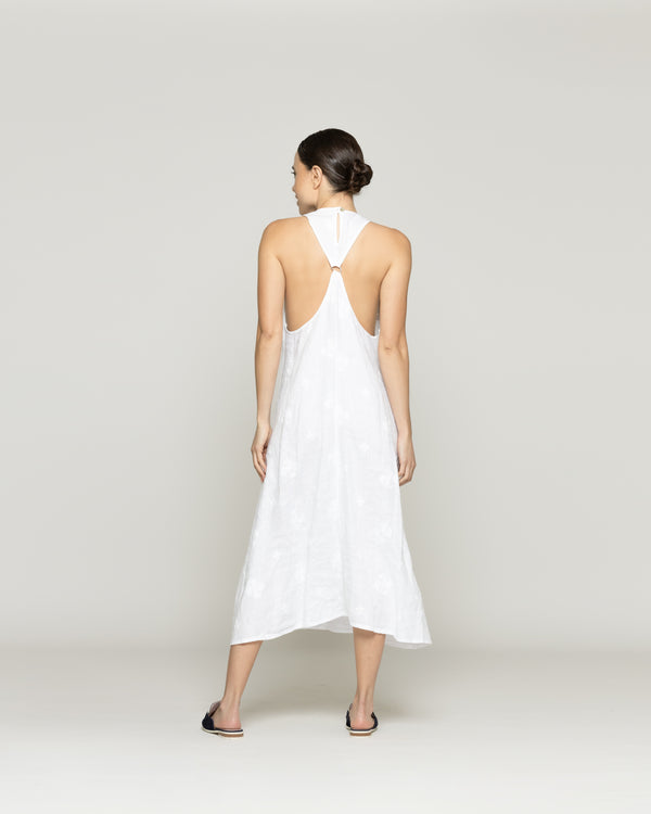 Vestido Mujer Valeria Lino Bordado Escote Halter Blanco Lineatre