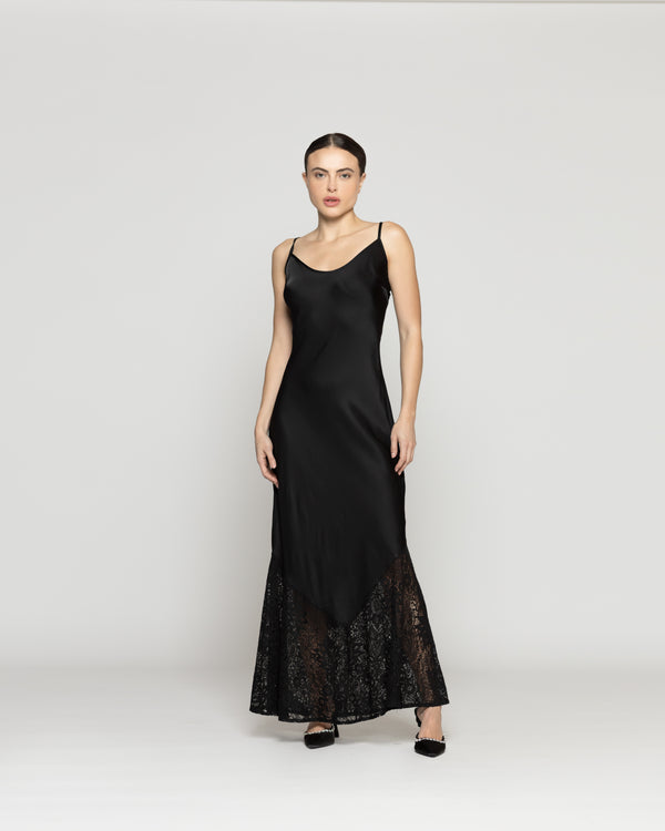 Vestido Mujer Violaine Satinado Con Encaje Negro Lineatre