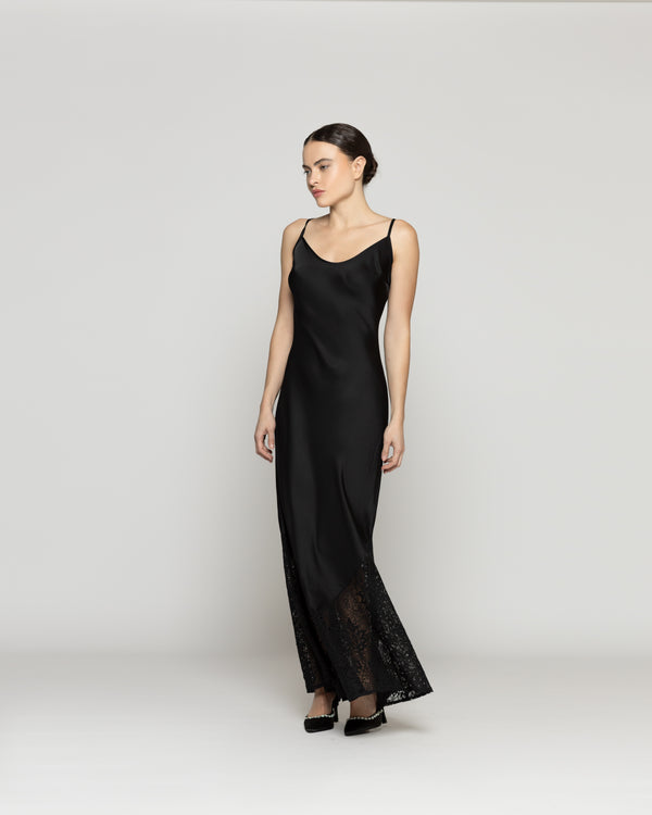 Vestido Mujer Violaine Satinado Con Encaje Negro Lineatre