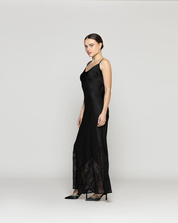 Vestido Mujer Violaine Satinado Con Encaje Negro Lineatre