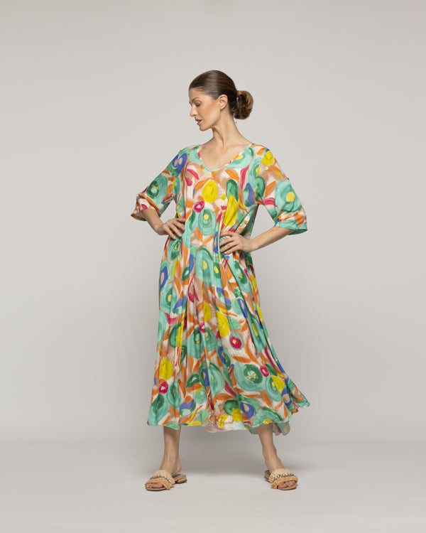 Vestido Mujer Vincenza Largo Manga Corta Estampado Celeste Lineatre