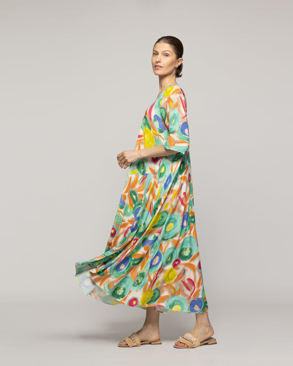 Vestido Mujer Vincenza Largo Manga Corta Estampado Celeste Lineatre