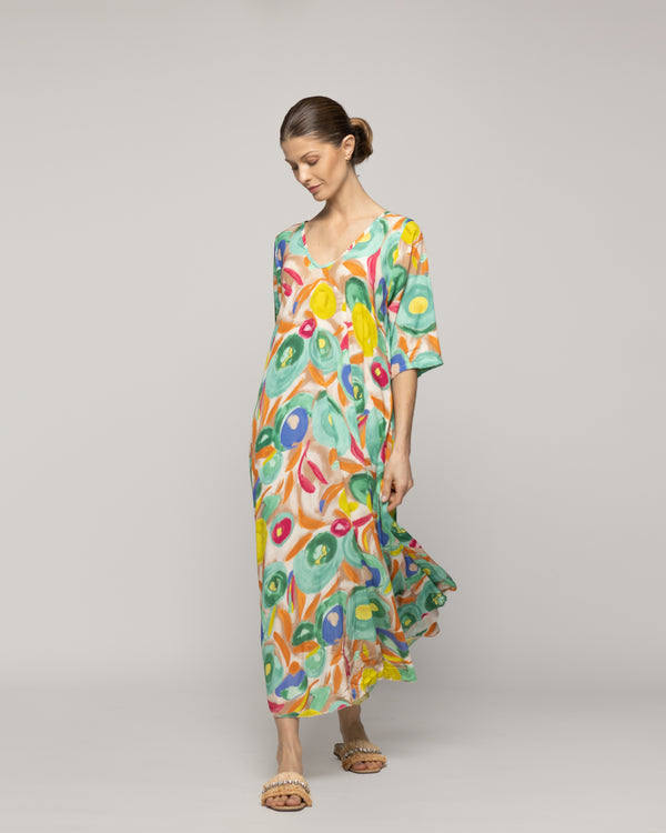 Vestido Mujer Vincenza Largo Manga Corta Estampado Celeste Lineatre