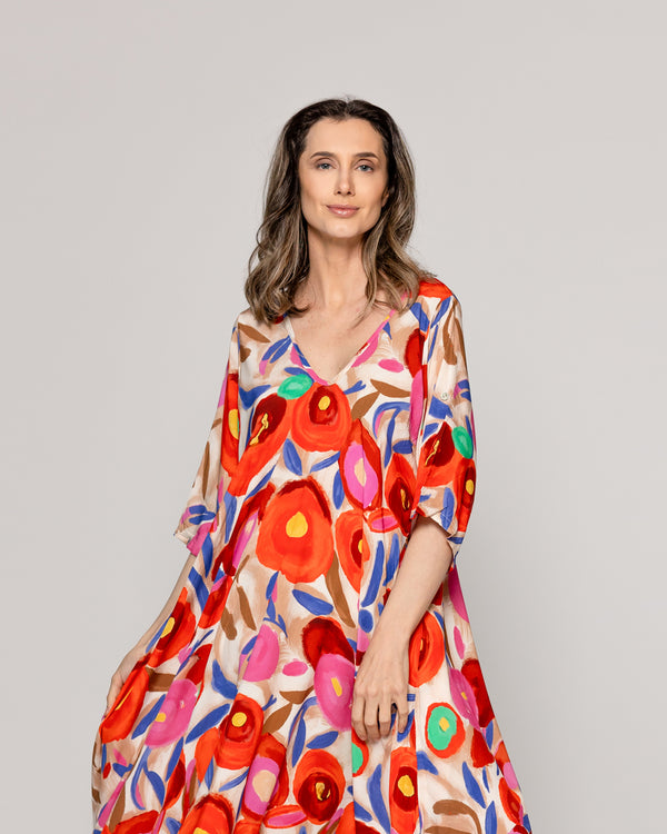 Vestido Mujer Vincenza  Largo Manga Corta Estampado Rojo Lineatre