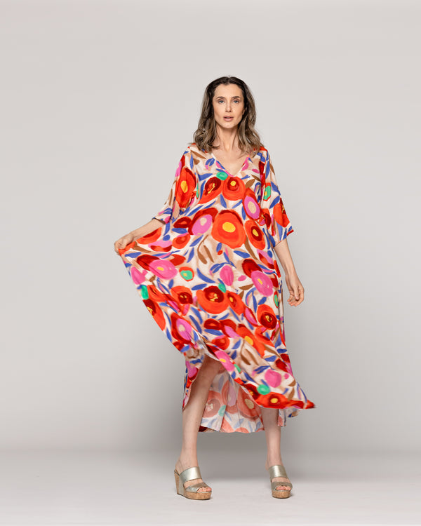 Vestido Mujer Vincenza  Largo Manga Corta Estampado Rojo Lineatre