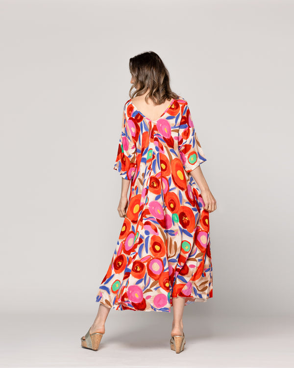 Vestido Mujer Vincenza  Largo Manga Corta Estampado Rojo Lineatre