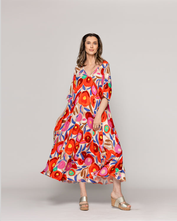 Vestido Mujer Vincenza  Largo Manga Corta Estampado Rojo Lineatre