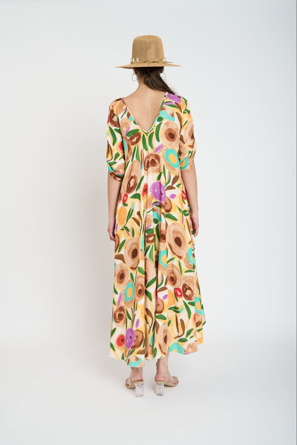 Vestido Mujer Iris Escote en V Camel Lineatre