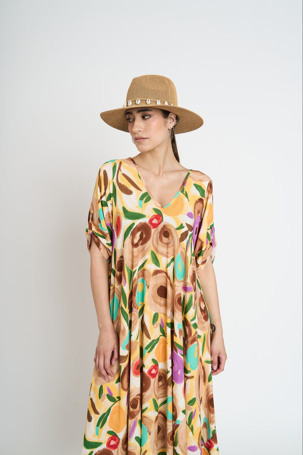 Vestido Mujer Iris Escote en V Camel Lineatre