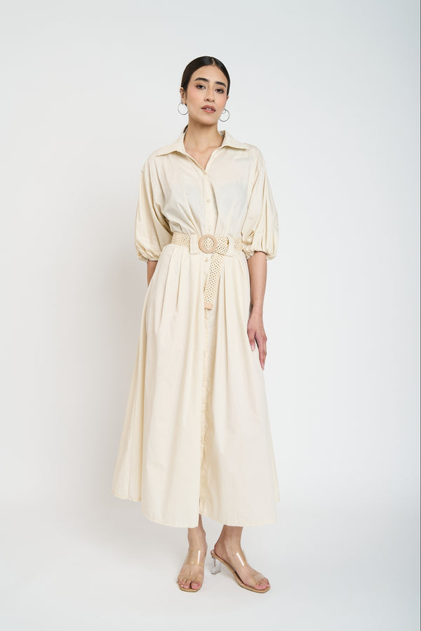 Vestido Mujer Susana Cuello con solapa Beige Lineatre