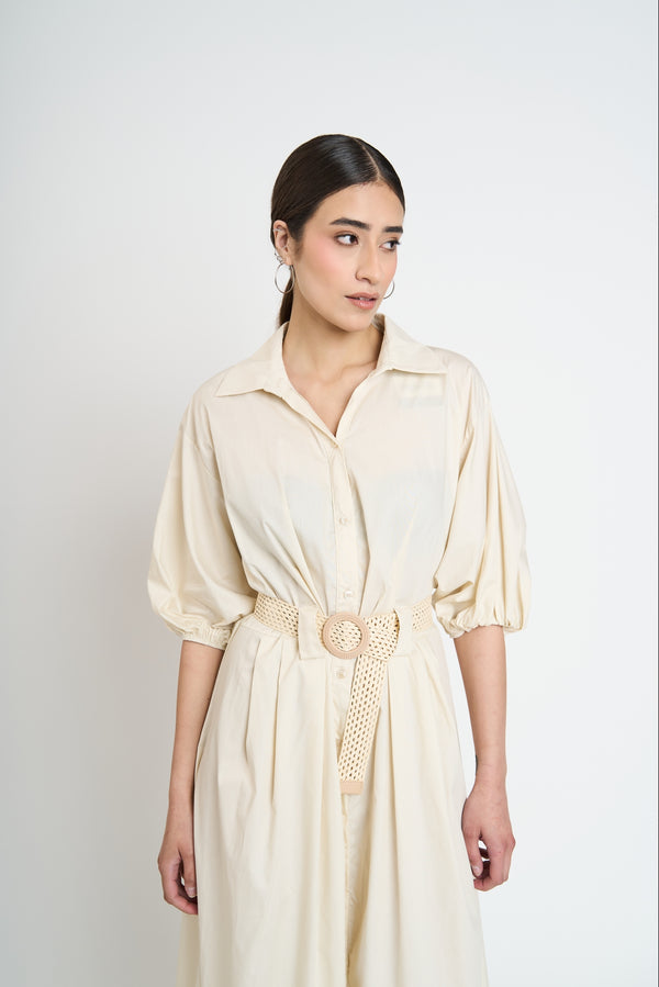 Vestido Mujer Susana Cuello con solapa Beige Lineatre