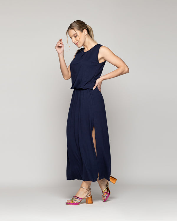 Vestido Mujer Vesper Largo Algodón Azul Lineatre