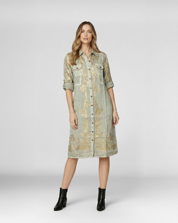 Vestido Mujer Vladimira Camisero Con Estampado Dorado De Rosas Verde Fango Lineatre