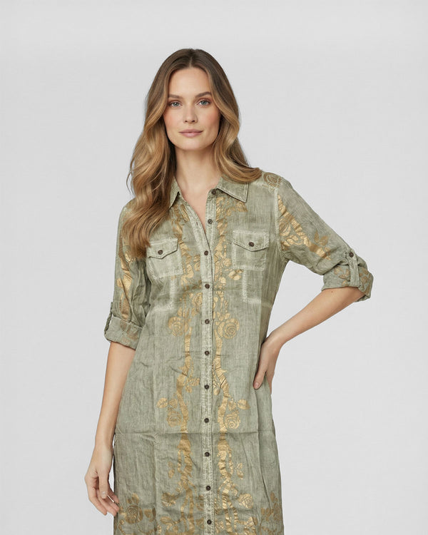 Vestido Mujer Vladimira Camisero Con Estampado Dorado De Rosas Verde Fango Lineatre