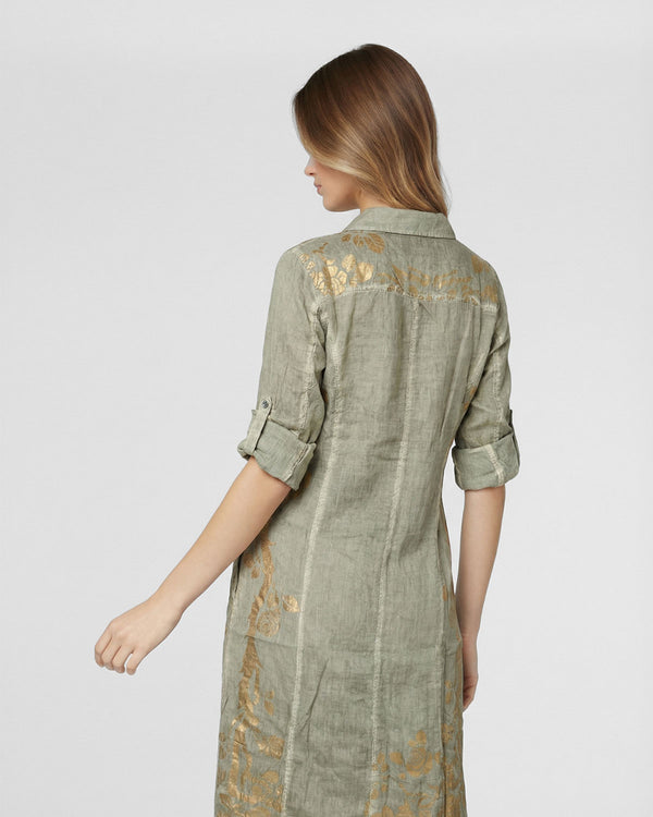 Vestido Mujer Vladimira Camisero Con Estampado Dorado De Rosas Verde Fango Lineatre