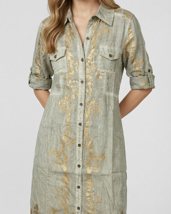 Vestido Mujer Vladimira Camisero Con Estampado Dorado De Rosas Verde Fango Lineatre