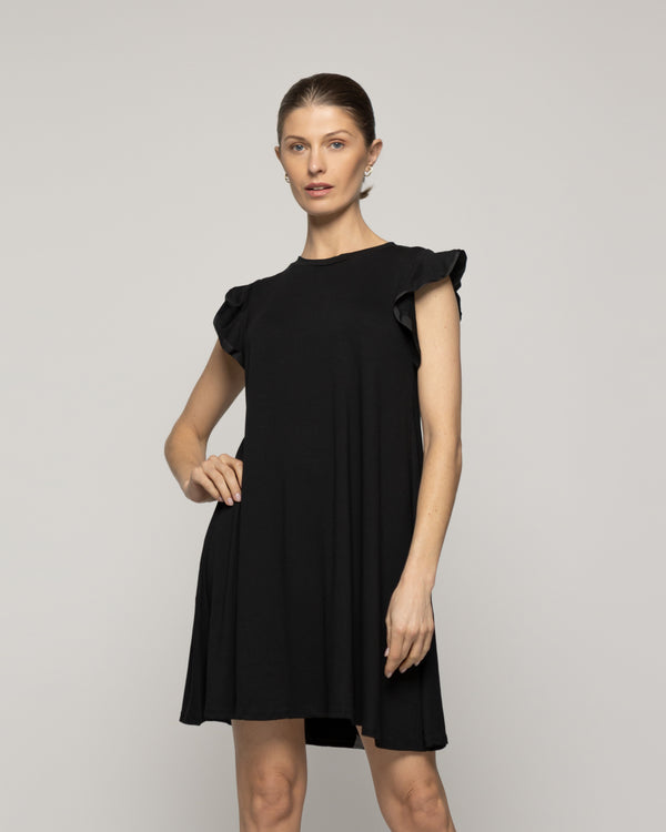 Vestido Mujer Venecia Manga Corta Con Vuelos Negro Lineatre