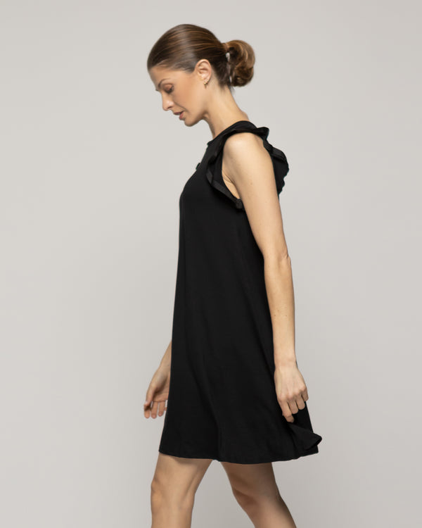 Vestido Mujer Venecia Manga Corta Con Vuelos Negro Lineatre