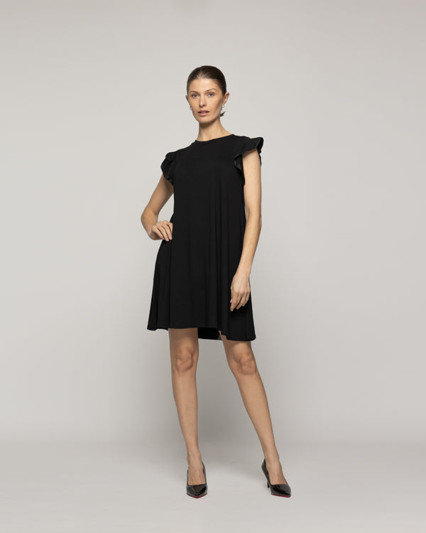 Vestido Mujer Venecia Manga Corta Con Vuelos Negro Lineatre