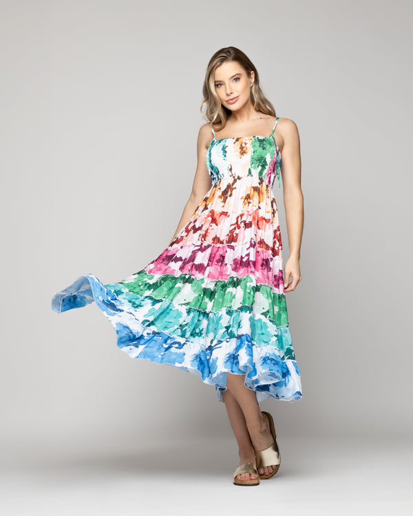 Vestido Mujer Velinda Con Vuelos Y Elasticado Estampado Multicolor Lineatre