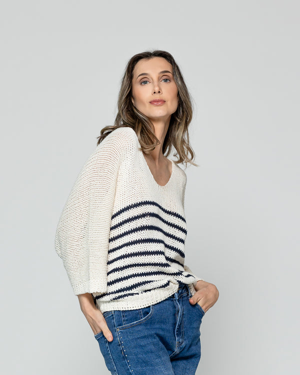 Sweater Wilmary Escote Redondo Mangas 3/4 Rayas Azul Lineatre